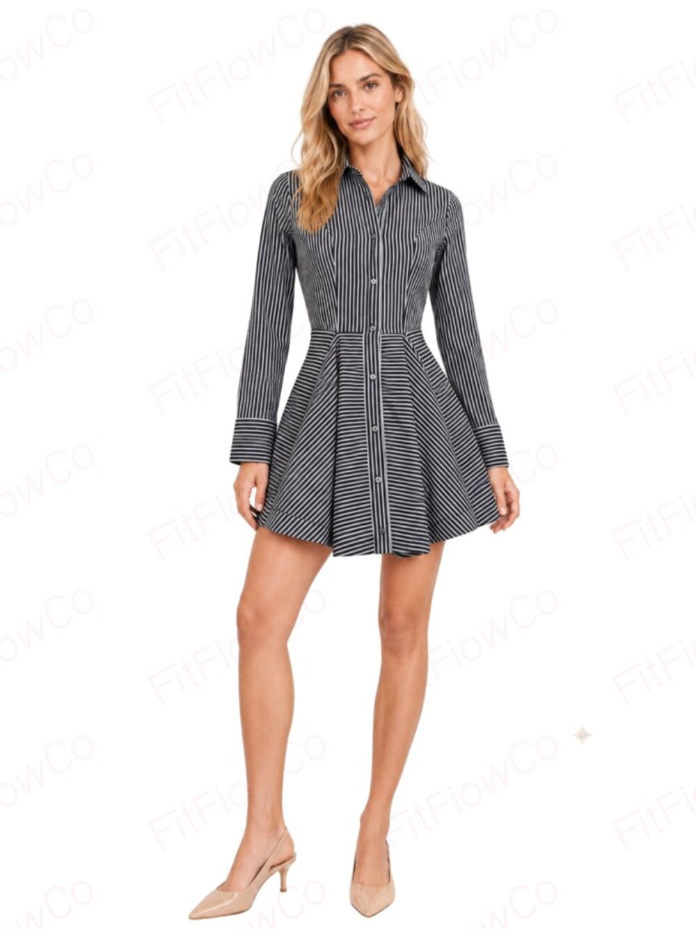 bebe Pinstripe Fit & Flare Shirt Mini Dress Black White Cotton Size 4